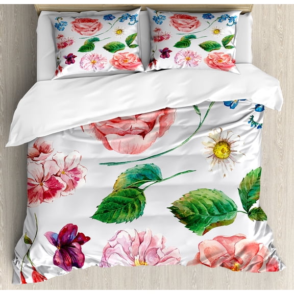 Floral Duvet Cover Set, Bouquet Set with Rose Daisy Petals and Branches Shabby Form Vintage Picture, Decorative 3 Piece Bedding Set with 2 Pillow Shams, King Size, Pink and Green, by Ambesonne