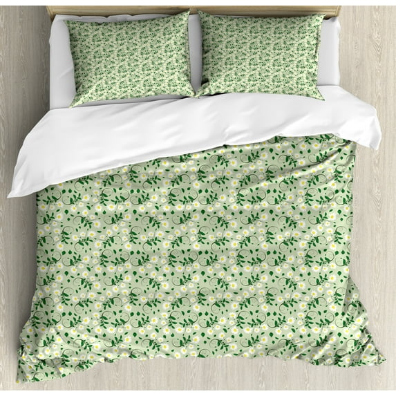 Floral Duvet Cover Set, Burgeoning Daisies with Leaves on Swirling Branches, Decorative 3 Piece Bedding Set with 2 Pillow Shams, Queen Size, Green Green, by Ambesonne