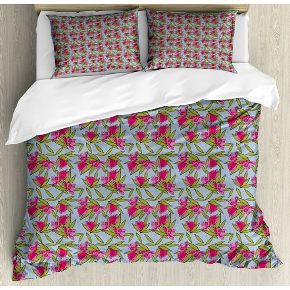 Floral Duvet Cover Set, Cartoon Style Illustration of Flowers, Decorative 3 Piece Bedding Set with 2 Pillow Shams, Queen Size, Ceil Blue Pink Green, by Ambesonne