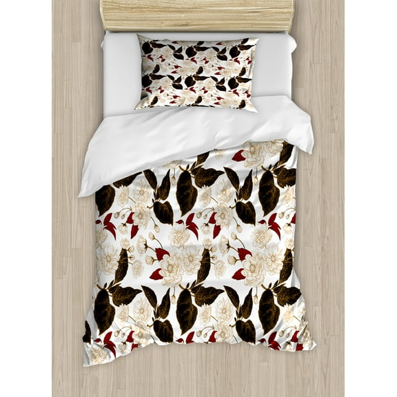 Floral Duvet Cover Set, Chinese Plum Flowers Branches Eastern Oriental Zen Bohemian Pattern, Decorative Bedding Set with Pillow Shams, Beige Burgundy Dark Brown, by Ambesonne