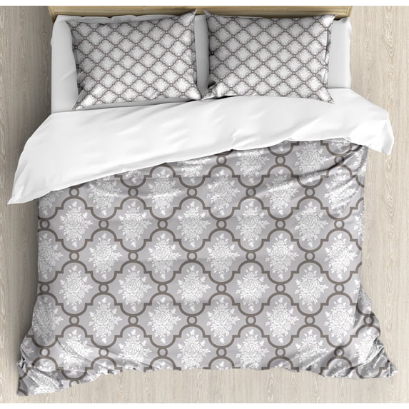 Floral Duvet Cover Set, Classic Damask with Rose Branches Victorian Rococo Style Retro Feminine Pattern, Decorative 3 Piece Bedding Set with 2 Pillow Shams, Queen Size, Pale Grey White, by Ambesonne