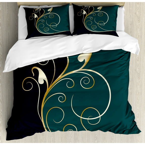 Floral Duvet Cover Set, Classic Ornamental Swirled Flower Beauty with Curved Petals Design, Decorative 3 Piece Bedding Set with 2 Pillow Shams, Queen Size, Petrol Blue Dark Blue, by Ambesonne