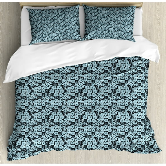 Floral Duvet Cover Set, Close up Top View of Hydrangea Flowers Nature Elements, Decorative 3 Piece Bedding Set with 2 Pillow Shams, Queen Size, Night Blue Cadet Blue, by Ambesonne