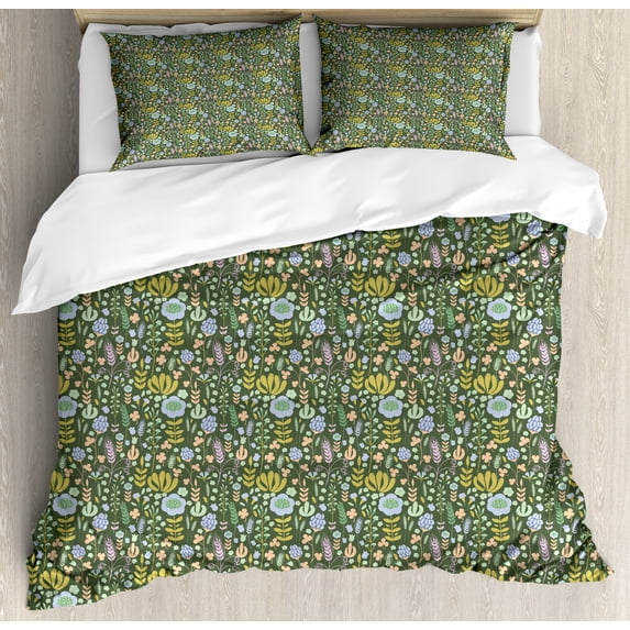 Floral Duvet Cover Set, Colorful Flower Assortment Spring Beauty, Decorative 3 Piece Bedding Set with 2 Pillow Shams, Queen Size, Reseda Green Multicolor, by Ambesonne