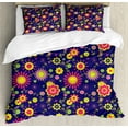 thumbnail image 1 of Floral Duvet Cover Set, Colorful Flowers Designed in Art Pattern on Dark Lavender Background, Decorative 3 Piece Bedding Set with 2 Pillow Shams, Queen Size, Indigo Multicolor, by Ambesonne, 1 of 3