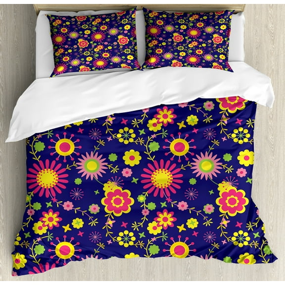 Floral Duvet Cover Set, Colorful Flowers Designed in Art Pattern on Dark Lavender Background, Decorative 3 Piece Bedding Set with 2 Pillow Shams, Queen Size, Indigo Multicolor, by Ambesonne