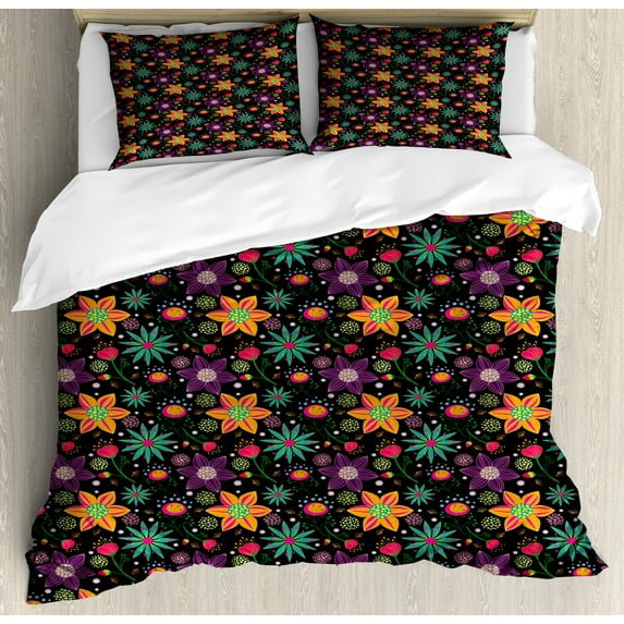 Floral Duvet Cover Set, Colorful Summer Flowers Tropical Cheerful Feels Exotic Hawaiian Blossoms, Decorative 3 Piece Bedding Set with 2 Pillow Shams, King Size, Multicolor, by Ambesonne