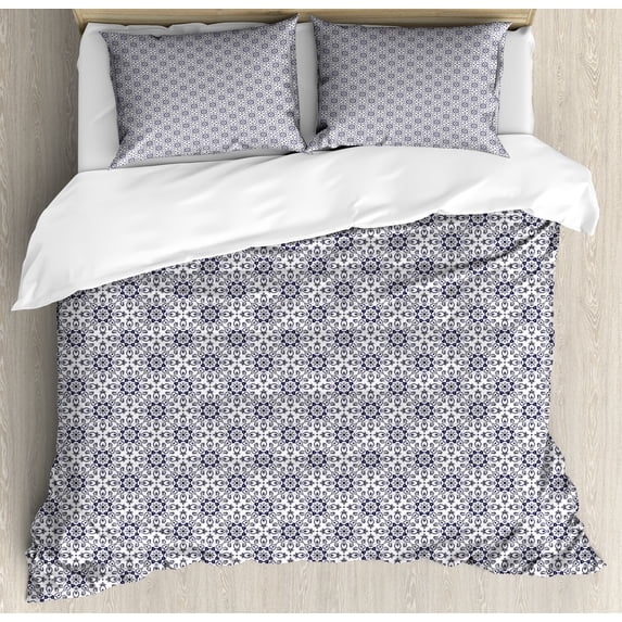 Floral Duvet Cover Set, Composition of Flowers and Leaves Hand Drawn Blooms and Flourishes, Decorative 3 Piece Bedding Set with 2 Pillow Shams, Queen Size, Indigo Charcoal Grey, by Ambesonne