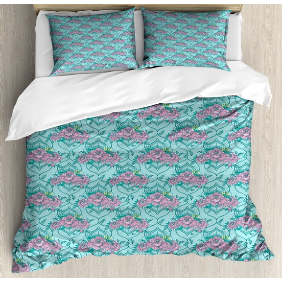 Floral Duvet Cover Set, Composition with Peonies on a Blue Shade Background Spring Season Illustration, Decorative 3 Piece Bedding Set with 2 Pillow Shams, Calking Size, Teal and Fuchsia, by Ambesonne