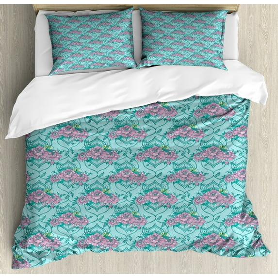 Floral Duvet Cover Set, Composition with Peonies on a Blue Shade Background Spring Season Illustration, Decorative 3 Piece Bedding Set with 2 Pillow Shams, Queen Size, Teal and Fuchsia, by Ambesonne