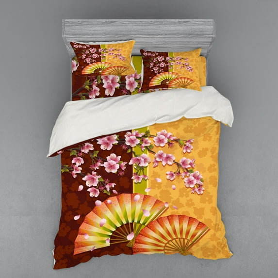 Floral Duvet Cover Set, Composition of Burgeoning Sakura Blooms Japanese Garden Art, Bedding Set with Shams and Fitted Sheet, 3 Sizes, by Ambesonne