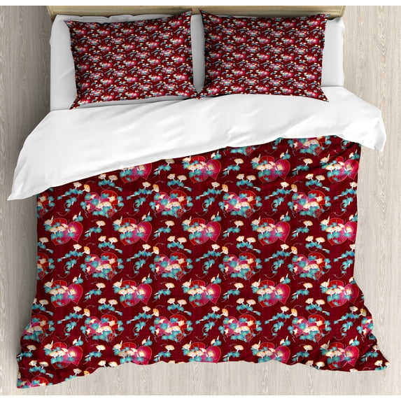 Floral Duvet Cover Set, Continuous Bindweed Japanese Traditional Illustration, Decorative 3 Piece Bedding Set with 2 Pillow Shams, Calking Size, Maroon Sea Blue, by Ambesonne