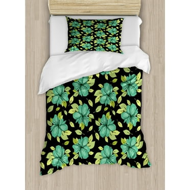 Floral Duvet Cover Set, Continuous Blossom Flowers in Nature Tones Pastel Meadow Plants Pattern, Decorative 2 Piece Bedding Set with 1 Pillow Shams, Twin Size, Charcoal Grey and Green, by Ambesonne