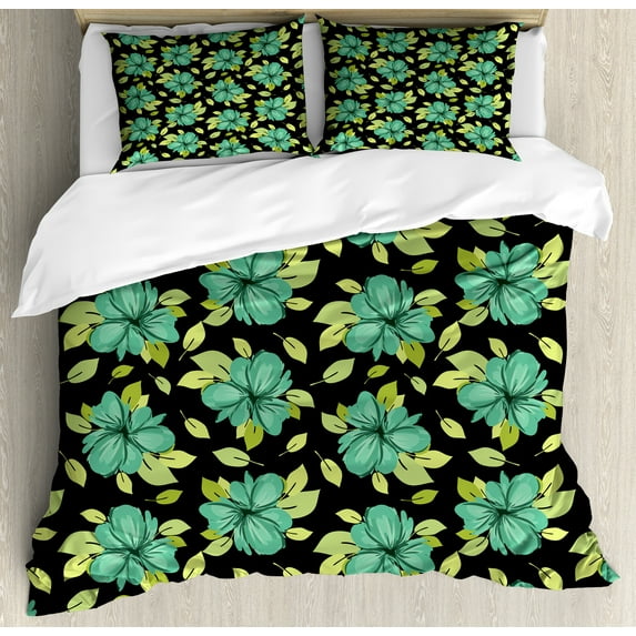 Floral Duvet Cover Set, Continuous Blossom Flowers in Nature Tones Pastel Meadow Plants Pattern, Decorative 3 Piece Bedding Set with 2 Pillow Shams, King Size, Charcoal Grey and Green, by Ambesonne