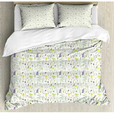 Floral Duvet Cover Set, Continuous Delicate Wild Flowers on Plain Backdrop, Decorative 3 Piece Bedding Set with 2 Pillow Shams, Calking Size, Lime Green Violet, by Ambesonne