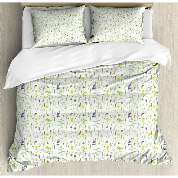 Floral Duvet Cover Set, Continuous Delicate Wild Flowers on Plain Backdrop, Decorative 3 Piece Bedding Set with 2 Pillow Shams, Calking Size, Lime Green Violet, by Ambesonne