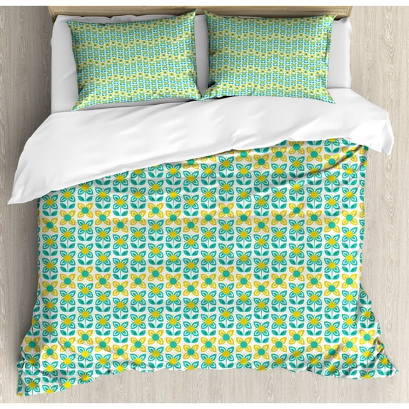 Floral Duvet Cover Set, Continuous Happy Summer Tone Flowers Illustration Blossoming Botany Layout, Decorative 3 Piece Bedding Set with 2 Pillow Shams, King Size, Seafoam and Yellow, by Ambesonne