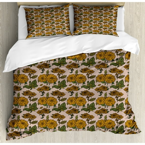 Floral Duvet Cover Set, Continuous Layout of Dahlia Flowers in Vintage Style Print, Decorative 3 Piece Bedding Set with 2 Pillow Shams, Queen Size, Olive Green Marigold, by Ambesonne