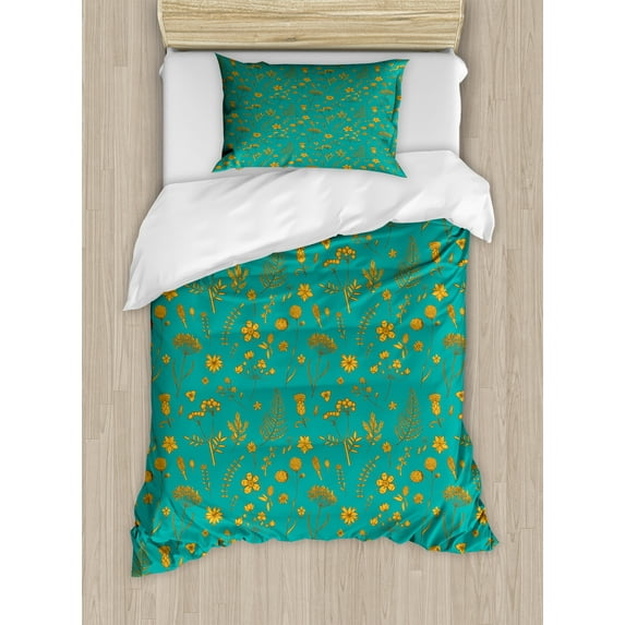 Floral Duvet Cover Set, Continuous Pattern of Flowers Bicolour Design Teal Back Illustration, Decorative 2 Piece Bedding Set with 1 Pillow Shams, Twin Size, Pale Orange Dark Seafoam, by Ambesonne