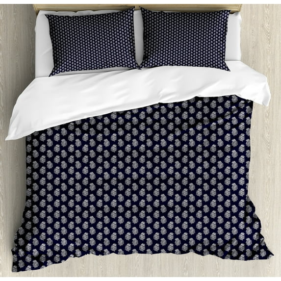 Floral Duvet Cover Set, Continuous Pattern of Folkloric Outline Tulip Flowers, Decorative 3 Piece Bedding Set with 2 Pillow Shams, Calking Size, Dark Violet Blue White, by Ambesonne