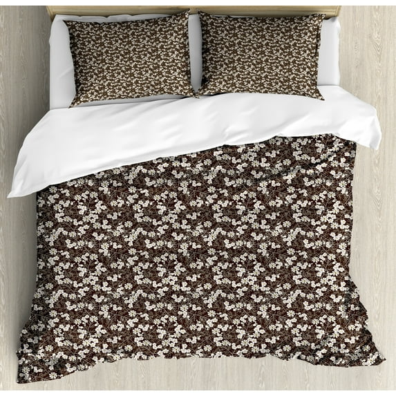Floral Duvet Cover Set, Continuous White Flowers Branches on Dark Tone Background, Decorative 3 Piece Bedding Set with 2 Pillow Shams, Calking Size, Brown Yellow, by Ambesonne