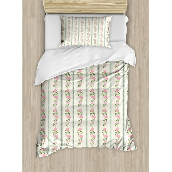 Floral Duvet Cover Set, Country Flower Roses Buds Swirls with White Borders Leaves Art Print, Decorative 2 Piece Bedding Set with 1 Pillow Shams, Twin Size, Pale Pink Blue and Green, by Ambesonne