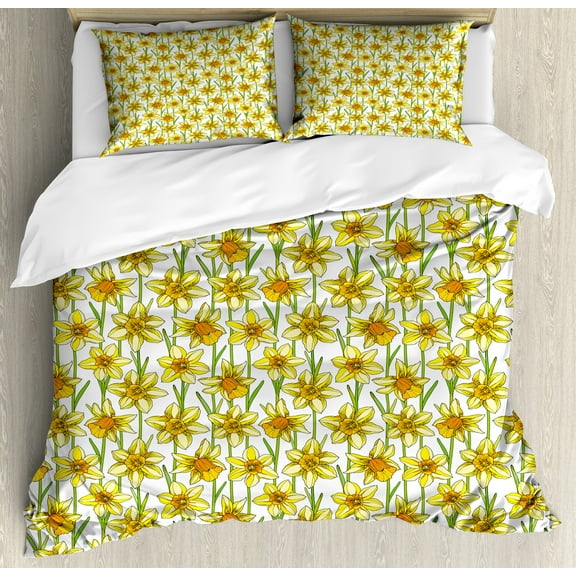 Floral Duvet Cover Set, Daffodil Bouquets Blossom Branches Field Summer Foliage Perennial, Decorative 3 Piece Bedding Set with 2 Pillow Shams, Calking Size, Yellow Apricot and Green, by Ambesonne