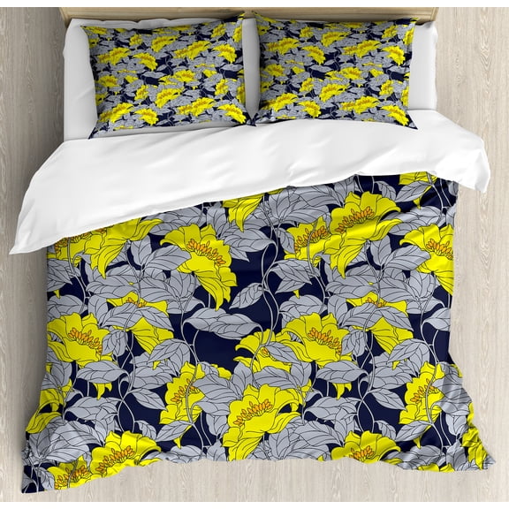 Floral Duvet Cover Set, Daffodil Petals in Contrast Tones Flourishing Floret Nostalgic Eastern Print, Decorative 3 Piece Bedding Set with 2 Pillow Shams, King Size, Yellow and Grey, by Ambesonne