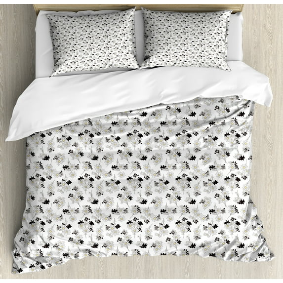 Floral Duvet Cover Set, Daisies Like Flower Types Drawn by Hand in a Romantic Style, Decorative 3 Piece Bedding Set with 2 Pillow Shams, King Size, Charcoal Grey Yellow, by Ambesonne