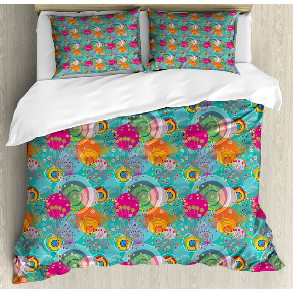 Floral Duvet Cover Set, Dandelions Flowers Circles Vibrant Spring Sun Rays Girls Concept, Decorative 3 Piece Bedding Set with 2 Pillow Shams, King Size, Multicolor, by Ambesonne