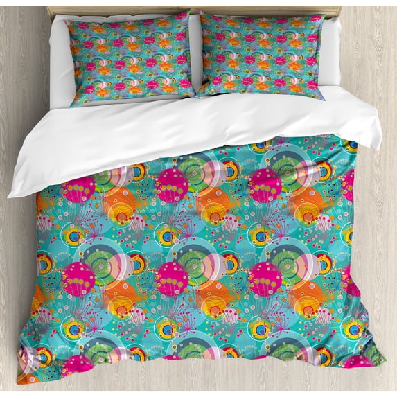 Floral Duvet Cover Set, Dandelions Flowers Circles Vibrant Spring Sun Rays Girls Concept, Decorative 3 Piece Bedding Set with 2 Pillow Shams, Queen Size, Multicolor, by Ambesonne