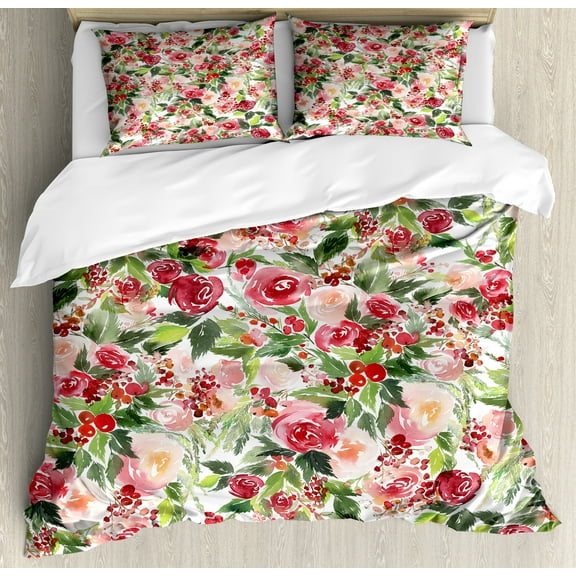 Floral Duvet Cover Set, Delicate Vibrant Colors Roses Bouquet and Berries Art, Decorative 3 Piece Bedding Set with 2 Pillow Shams, Queen Size, Green Pink, by Ambesonne