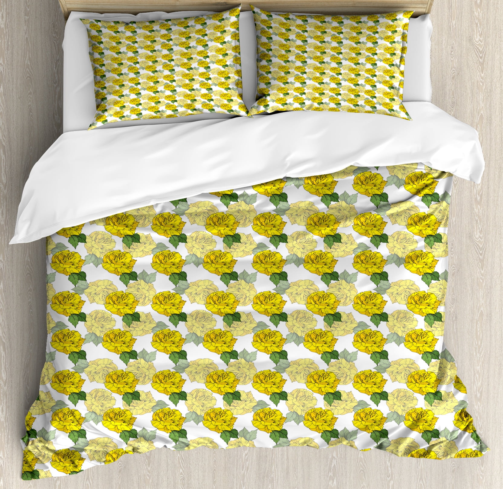 Floral Duvet Cover Set, Detailed Graphical Spring Roses and Leaves ...