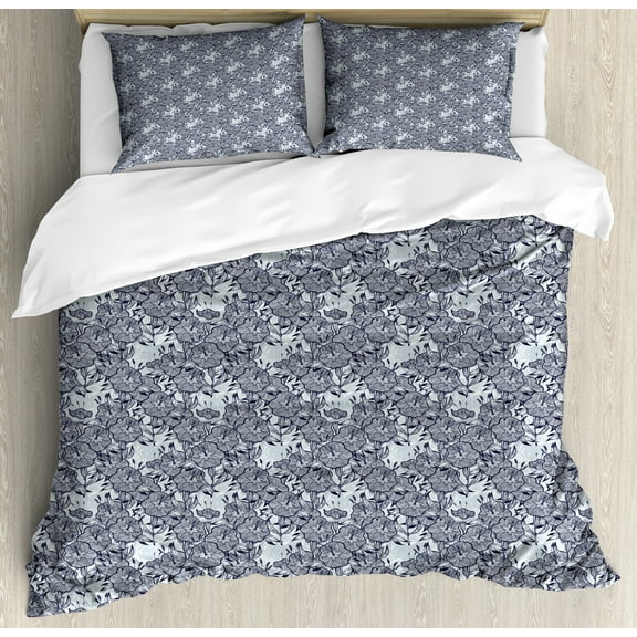 Floral Duvet Cover Set, Detailed Stripey Drawings of Bindweed Flower Bells, Decorative 3 Piece Bedding Set with 2 Pillow Shams, Queen Size, Blue Grey Night Blue, by Ambesonne