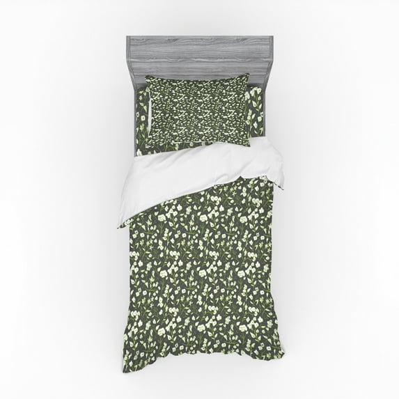 Floral Duvet Cover Set, Doodle Arrangement of Flowers Swirled Leaves on Greyscale Background, Bedding Set with Shams and Fitted Sheet, 3 Sizes, by Ambesonne
