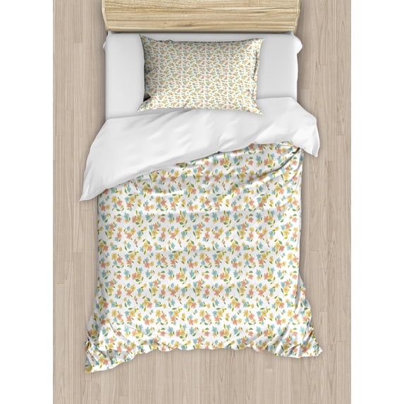 Floral Duvet Cover Set, Doodle Interpretation of Chamomiles Drawn and Colored by Hand, Decorative 2 Piece Bedding Set with 1 Pillow Shams, Twin Size, Peach Seafoam, by Ambesonne