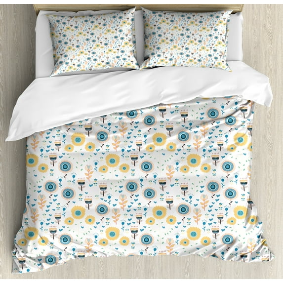 Floral Duvet Cover Set, Doodle Style Flowers Botanical, Decorative 3 Piece Bedding Set with 2 Pillow Shams, Queen Size, White Multicolor, by Ambesonne