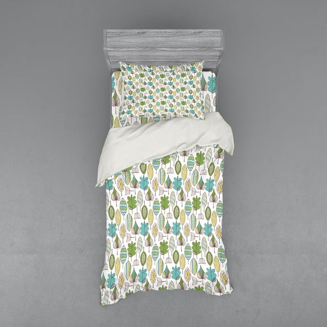 Floral Duvet Cover Set, Doodle Style Mother Earth Background with Various Leaf Dandelions Tribal Boho Design, Bedding Set with Shams and Fitted Sheet, 3 Sizes, by Ambesonne