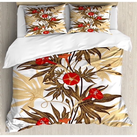 Floral Duvet Cover Set, Exotic Climbing Plant Ivy Flowers Leaves Vintage Blooms Botanical Art, Decorative 3 Piece Bedding Set with 2 Pillow Shams, King Size, Brown Sand Brown Red, by Ambesonne