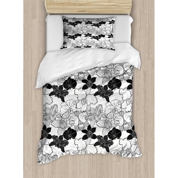 Floral Duvet Cover Set, Exotic Orchid Blossoms Contours Nature Flowers Graphic Feminine Essence, Decorative 2 Piece Bedding Set with 1 Pillow Shams, Twin Size, Black and Off White, by Ambesonne