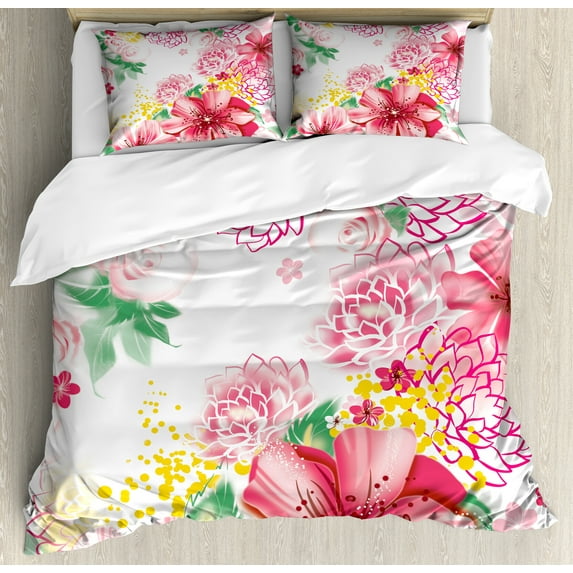 Floral Duvet Cover Set, Exotic Peony Flowers and Leaves with Dots, Decorative 3 Piece Bedding Set with 2 Pillow Shams, King Size, Pastel Pink Mustard, by Ambesonne