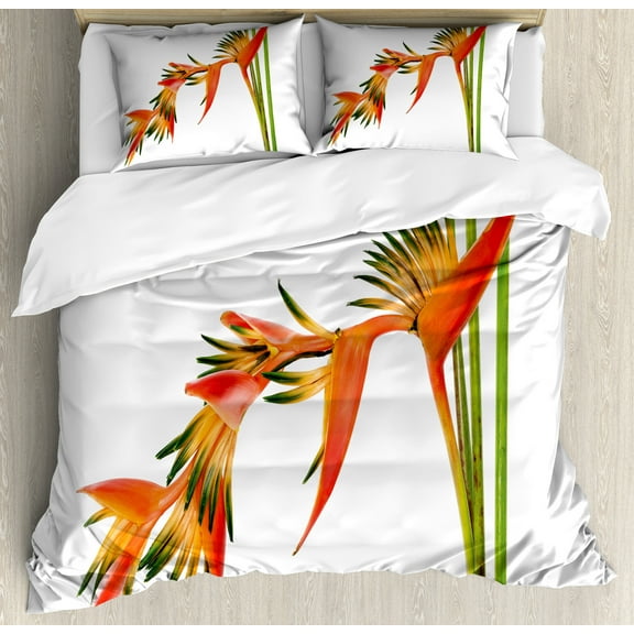 Floral Duvet Cover Set, Exotic Tropical Flowers on Branch Colorful Nature Jungle Garden Theme Image Print, Decorative 3 Piece Bedding Set with 2 Pillow Shams, Queen Size, Green Orange, by Ambesonne