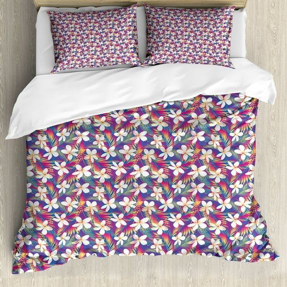 Floral Duvet Cover Set, Exotic Tropical Theme Illustration of Flowers and Palm Leaves Art Print, Decorative 3 Piece Bedding Set with 2 Pillow Shams, King Size, Sea Blue and Multicolor, by Ambesonne