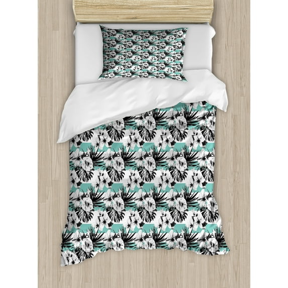 Floral Duvet Cover Set, Exotic Watercolor Hibiscus Flower Graphic Art Print Tropical Inspired Boho, Decorative 2 Piece Bedding Set with 1 Pillow Shams, Twin Size, Grey White Teal, by Ambesonne