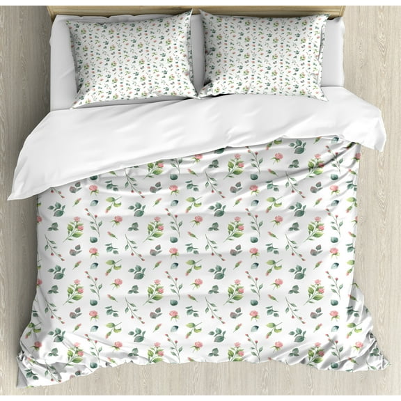 Floral Duvet Cover Set, Feminine Romantic Look Watercolor Look Roses and Leaves, Decorative 3 Piece Bedding Set with 2 Pillow Shams, Calking Size, Laurel Green White, by Ambesonne
