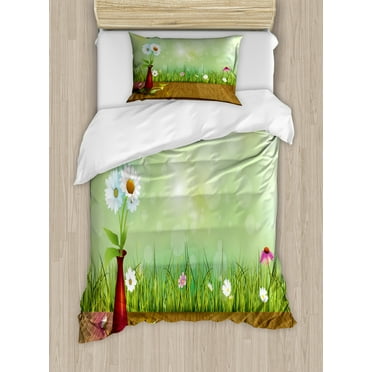 Floral Duvet Cover Set, Flourishes in a Paprika Tone Vase with Grass and Bokeh Inspired Effect, Decorative 2 Piece Bedding Set with 1 Pillow Shams, Twin Size, Pale Green and Caramel, by Ambesonne