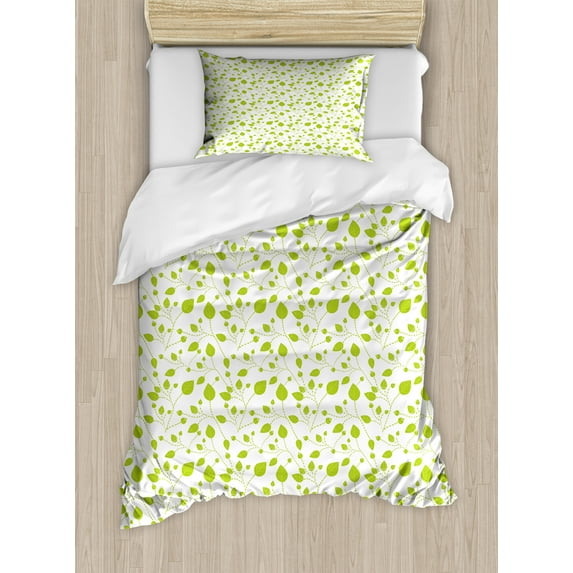 Floral Duvet Cover Set, Flourishing Leaves on Branches Pattern Botanical Nature Themed Spring Feels, Decorative 2 Piece Bedding Set with 1 Pillow Shams, Twin Size, Lime Green White, by Ambesonne