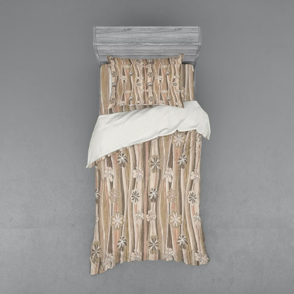 Ambesonne Floral Bedding Set 3 Pcs, Flowers on Wavy Stripes, Twin, Dark Brown Sand Brown