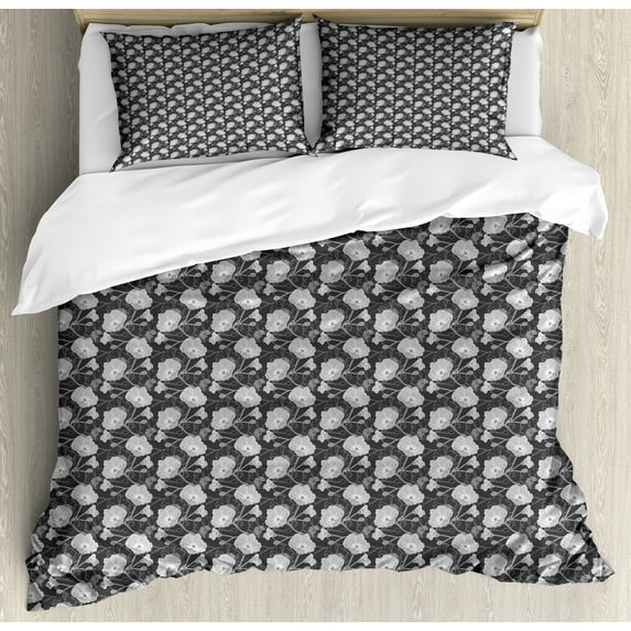 Floral Duvet Cover Set, Flourishing Victorian Poppies Silhouettes in Greyscale Tones, Decorative 3 Piece Bedding Set with 2 Pillow Shams, Calking Size, Dark Grey Pale Taupe, by Ambesonne