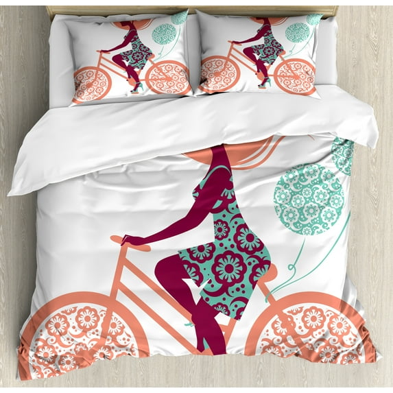 Floral Duvet Cover Set, Flower Arrangement Silhouette of a Long Hair Girl on Bicycle Illustration, Decorative 3 Piece Bedding Set with 2 Pillow Shams, Calking Size, Coral and Seafoam, by Ambesonne